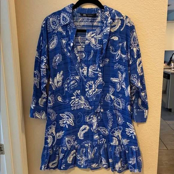 Zara Long Sleeve Blue Patterned Dress - Picture 2 of 4